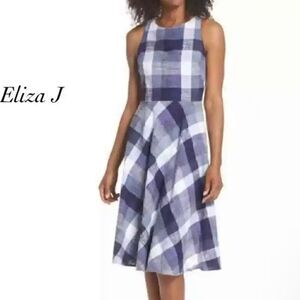 Eliza J Blue and White Plaid Fit and Flare Dress with Back Bow